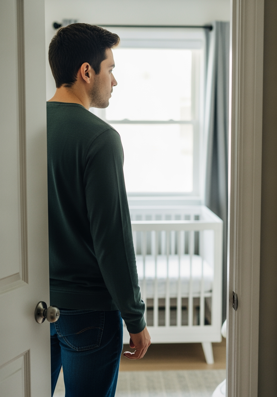 A parent stands in a nursery doorway, looking thoughtfully towards the crib, contemplating a decision.