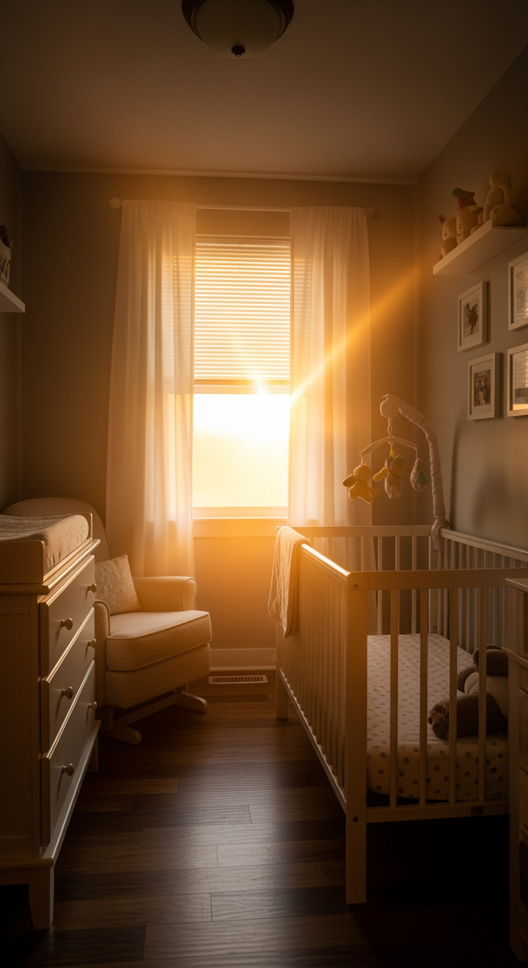 A peaceful nursery filled with the warm, golden light of sunrise, symbolizing a restful night.