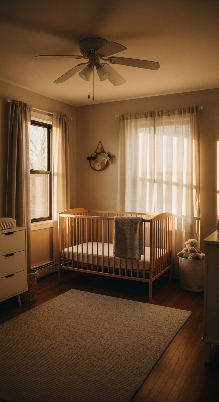 A peaceful, tidy nursery bathed in warm golden hour light, with an empty crib, symbolizing a restful family.