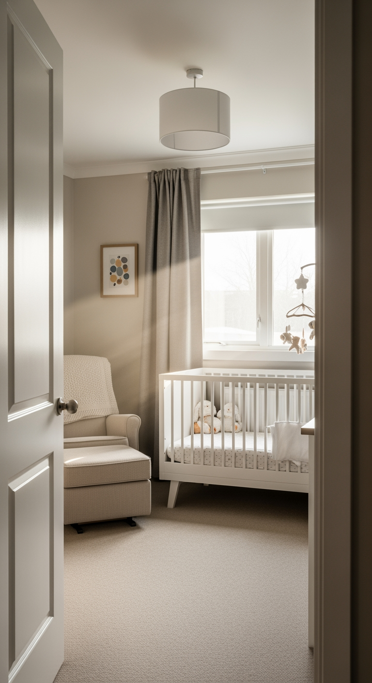 A peaceful, tidy nursery in the bright morning light, viewed from the doorway, suggesting a restful night has passed.