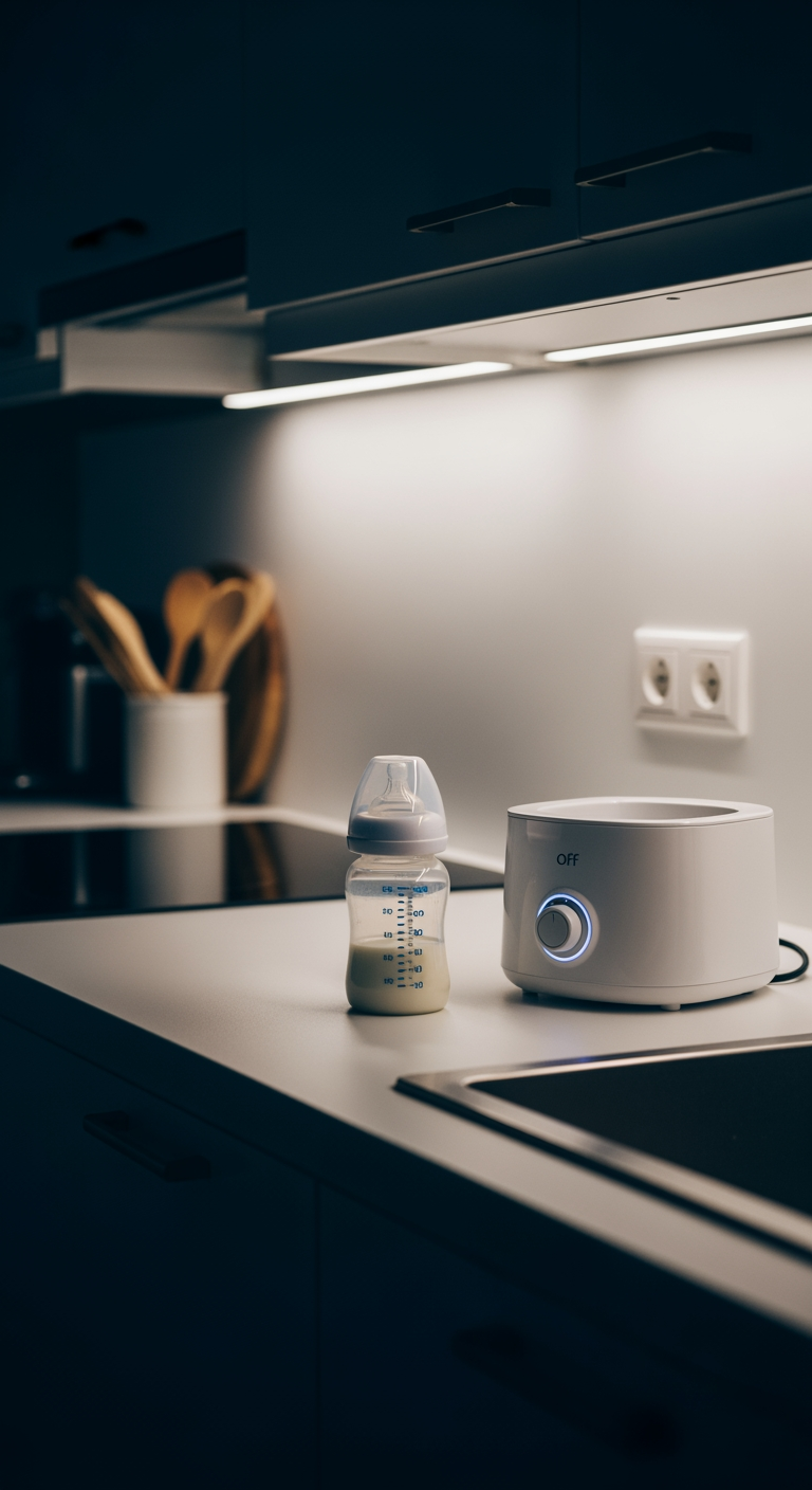 A prepared baby bottle sits on a clean kitchen counter at night next to a bottle warmer.