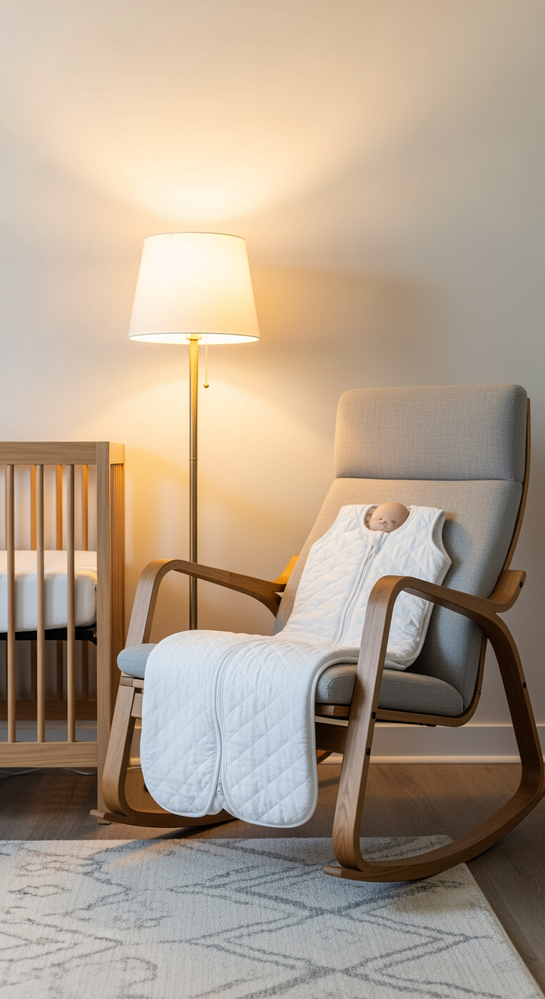 A quiet nursery corner with a folded sleep sack on a rocking chair, illuminated by a warm lamp, suggesting a new bedtime routine.