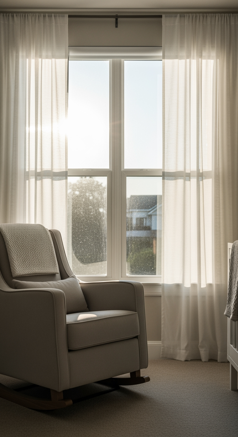 A rocking chair in a nursery bathed in bright mid-day sunlight from a large window.