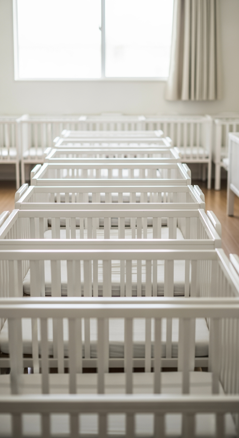 A row of empty and neatly arranged toddler cots in a quiet, clean daycare room, showing an orderly group sleep environment.