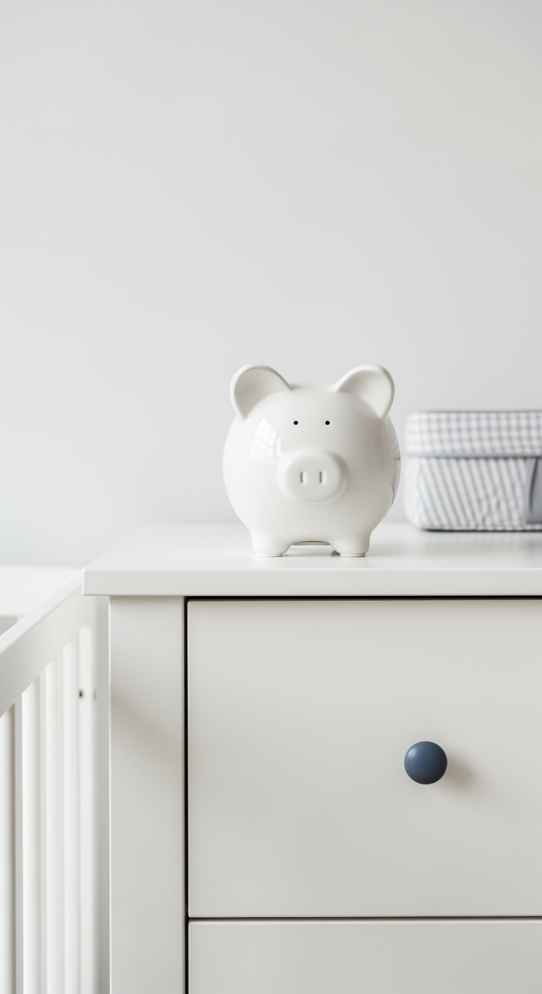 A simple white ceramic piggy bank on a nursery dresser, symbolizing the affordable cost of sleep coaching.