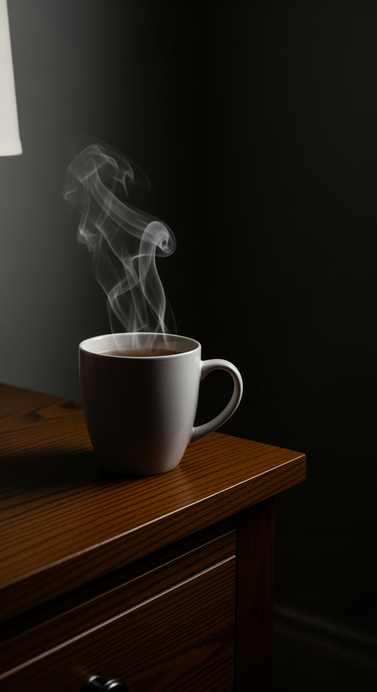 A steaming mug of tea on a wooden nightstand in a dimly lit room, symbolizing a moment of parental calm.