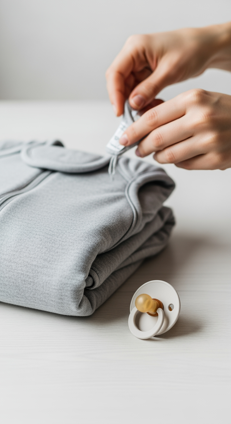A still life of safe sleep routine items: a folded wearable blanket (sleep sack) and a pacifier on a wooden surface.