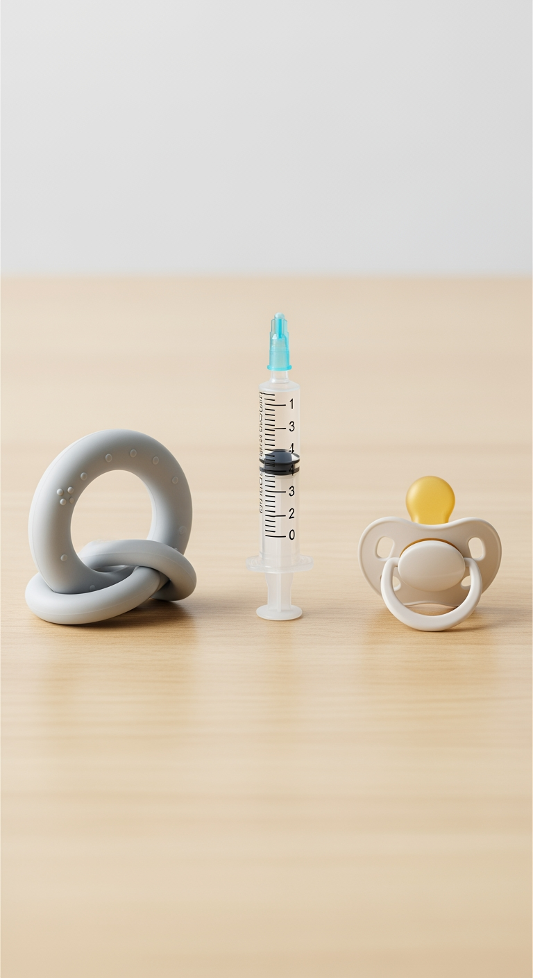 A top-down view of three items in a row: a teething toy, an oral medicine syringe, and a pacifier, representing different causes of a baby's discomfort.