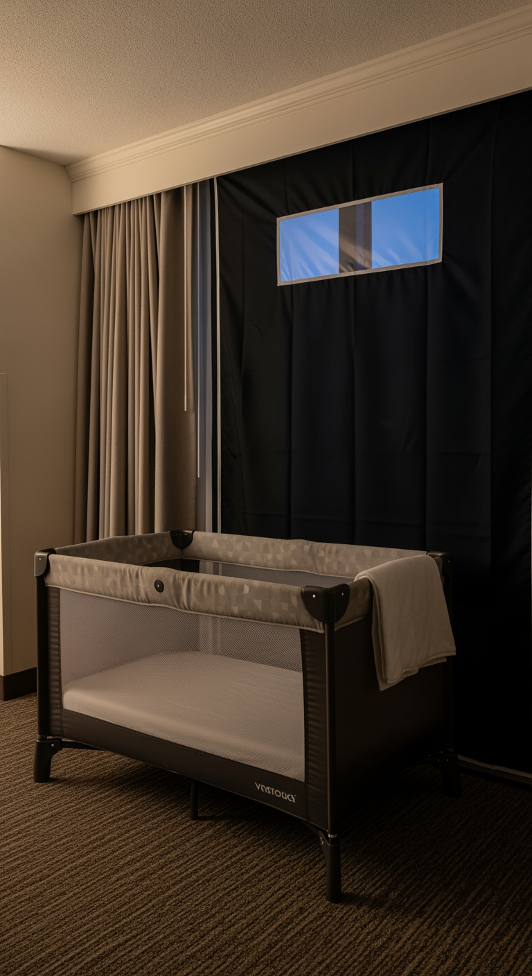 A travel crib set up in a dark hotel room with blackout curtains, ready for a baby to sleep.