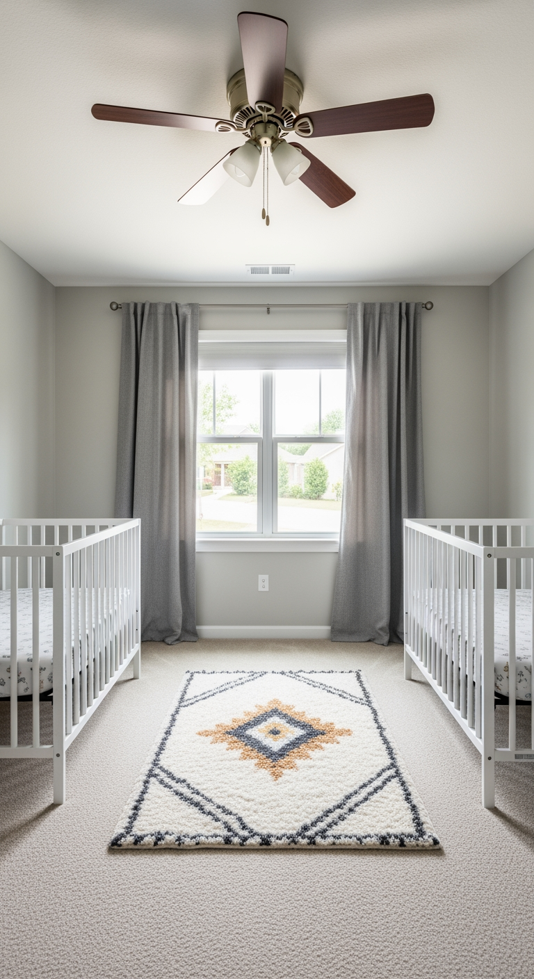 A twin nursery with the two empty cribs placed on opposite walls to maximize distance, a strategy for troubleshooting sleep disturbances.