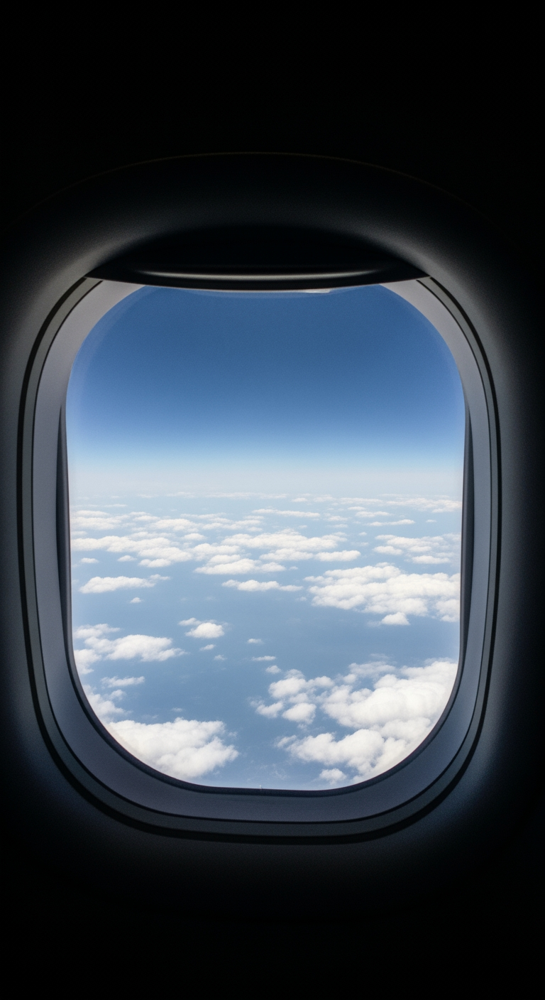 A view of clouds from an airplane window, with the shade partially down to create a dim environment for sleep.