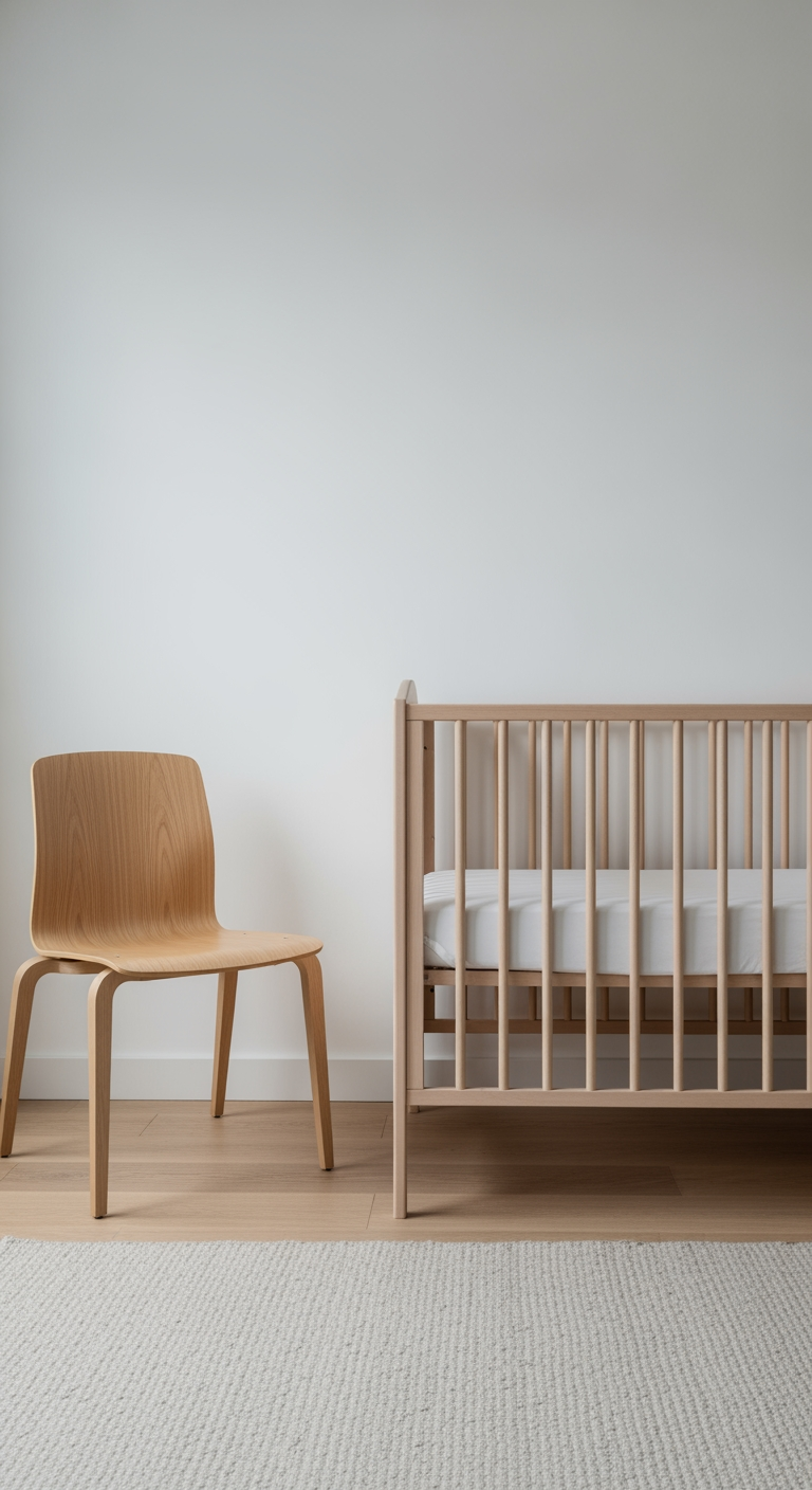 A wooden chair placed next to an empty crib in a quiet nursery, illustrating the setup for the Chair Method of sleep training.