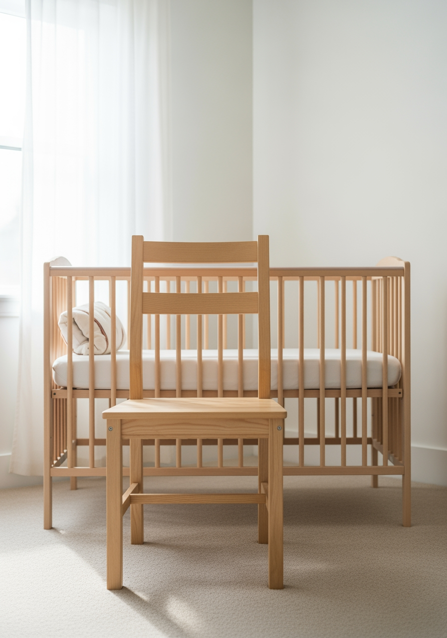 An empty chair sits next to a baby's crib in a sunlit nursery, representing the Chair Method setup.