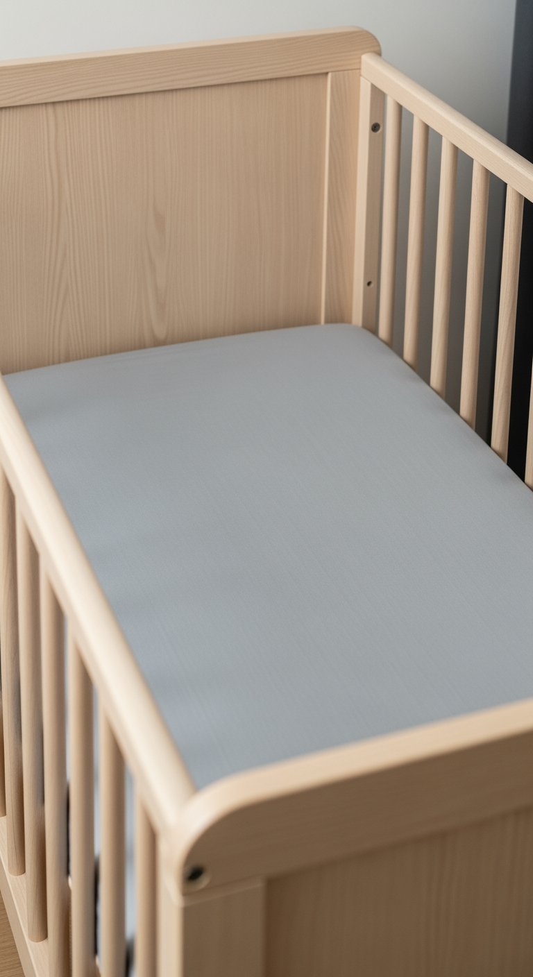 An eye-level view of a clean, empty wooden crib with a fitted sheet, prepared for a baby.