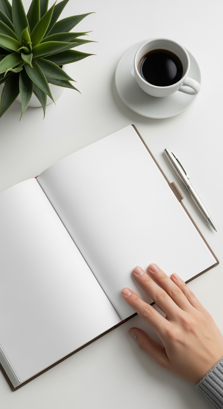 An open planner with blank pages and a pen on a clean desk, representing the process of choosing a sleep coach.