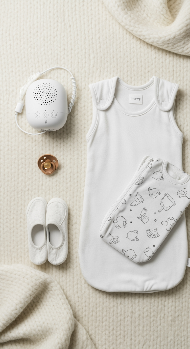 An organized flat lay of baby travel sleep essentials, including a white noise machine and a sleep sack.