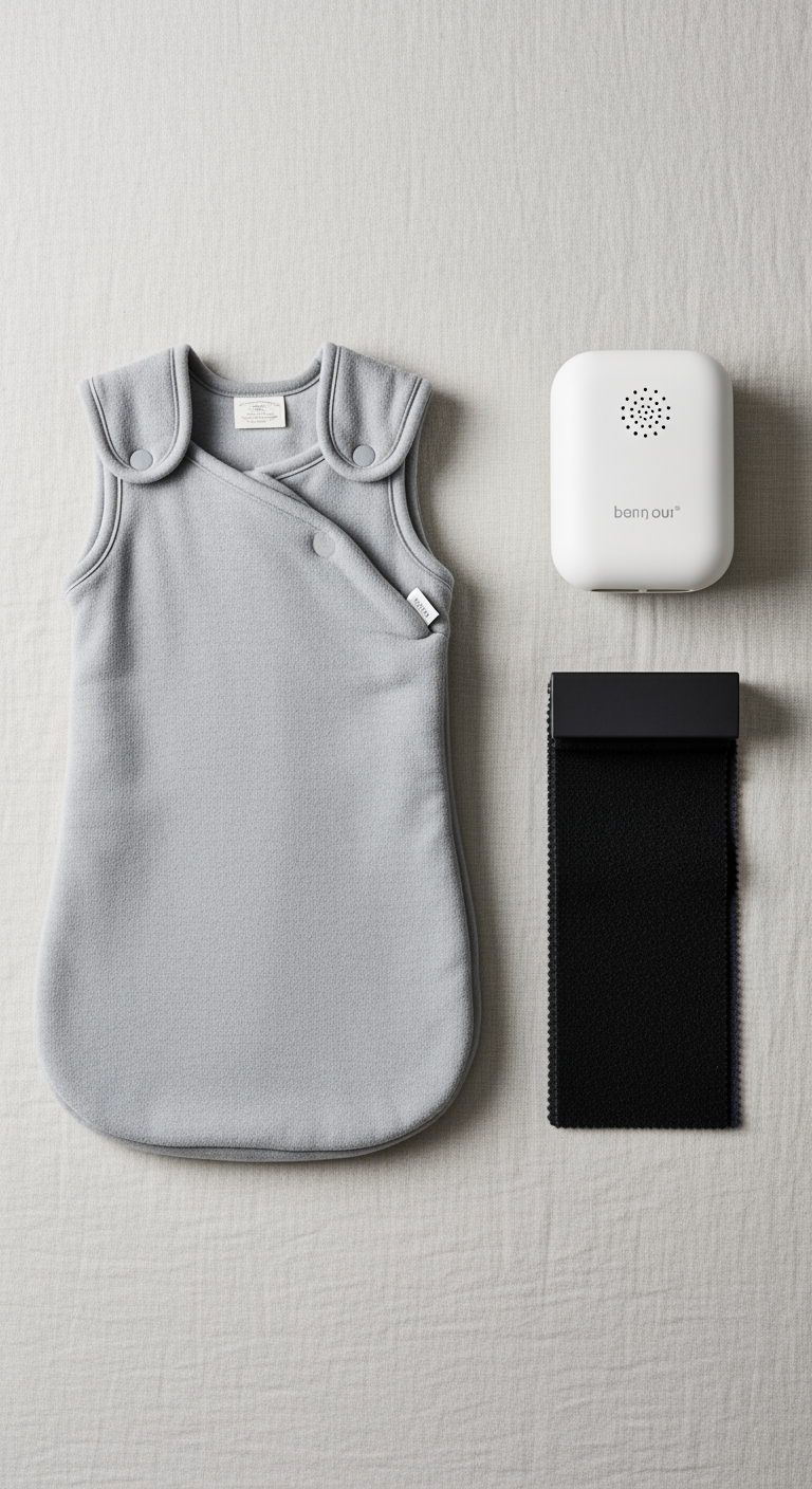 An organized flatlay of baby sleep tools, including a sleep sack, white noise machine, and blackout curtain fabric, representing a troubleshooting checklist.