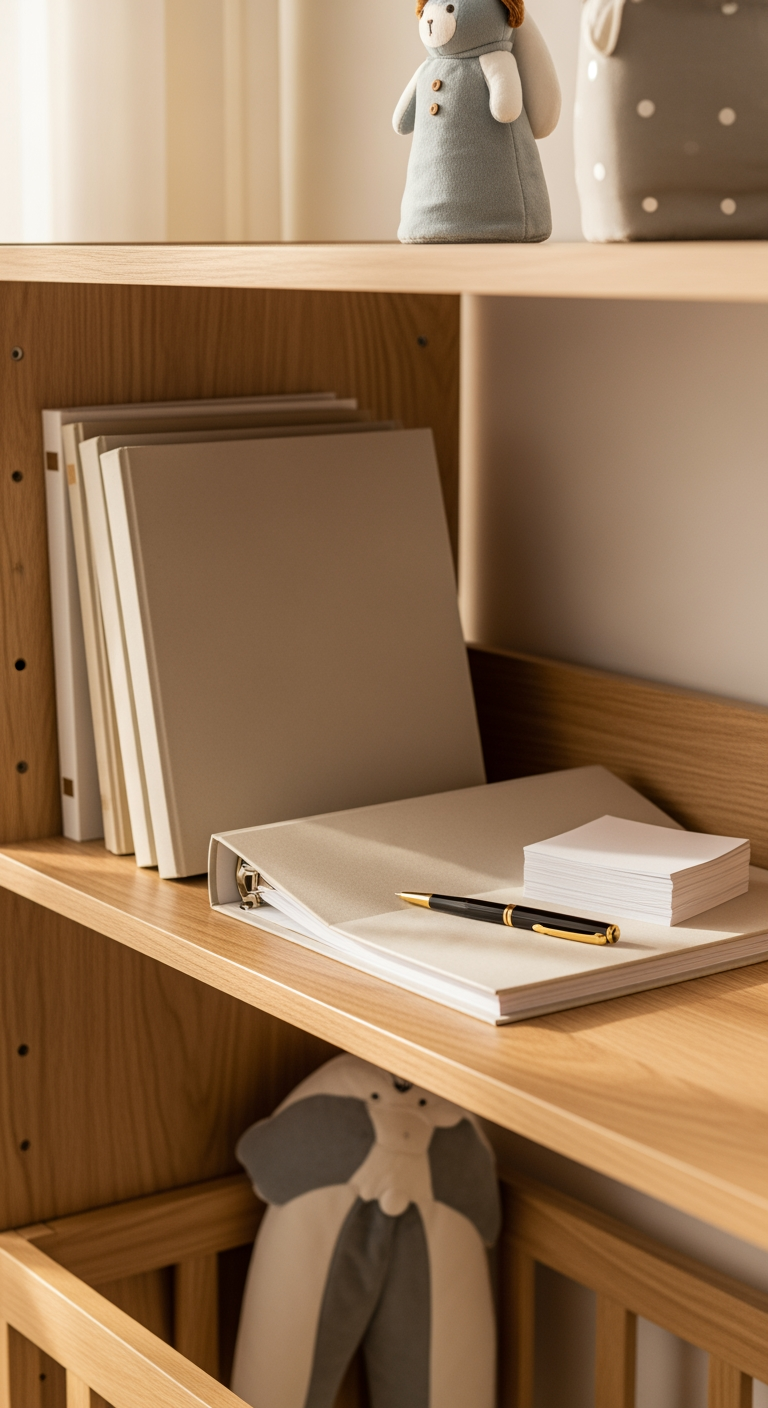 An organized shelf with a binder and blank notecards, representing the structured, self-paced nature of a sleep course.