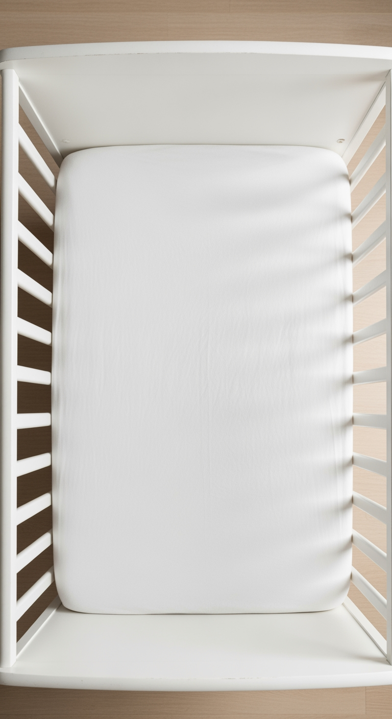 An overhead, top-down view of an empty crib, containing only a firm mattress and a fitted sheet, representing a final safety check.