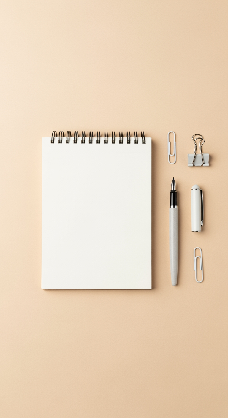 An overhead view of a blank open notebook, a pen, and paper clips neatly arranged, representing the process of building a plan.