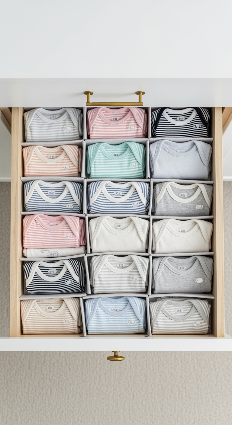 An overhead view of a perfectly organized nursery drawer with neatly folded baby clothes, symbolizing a structured and systematic program.