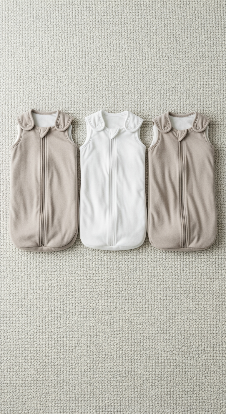 An overhead view of three identical baby sleep sacks laid in a row, symbolizing a three-night plan.