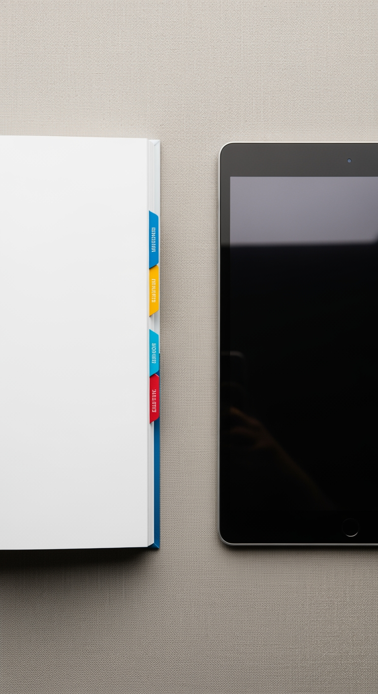 An overhead view showing an open book with chapter tabs next to a minimalist tablet, comparing the formats of a course and a subscription.