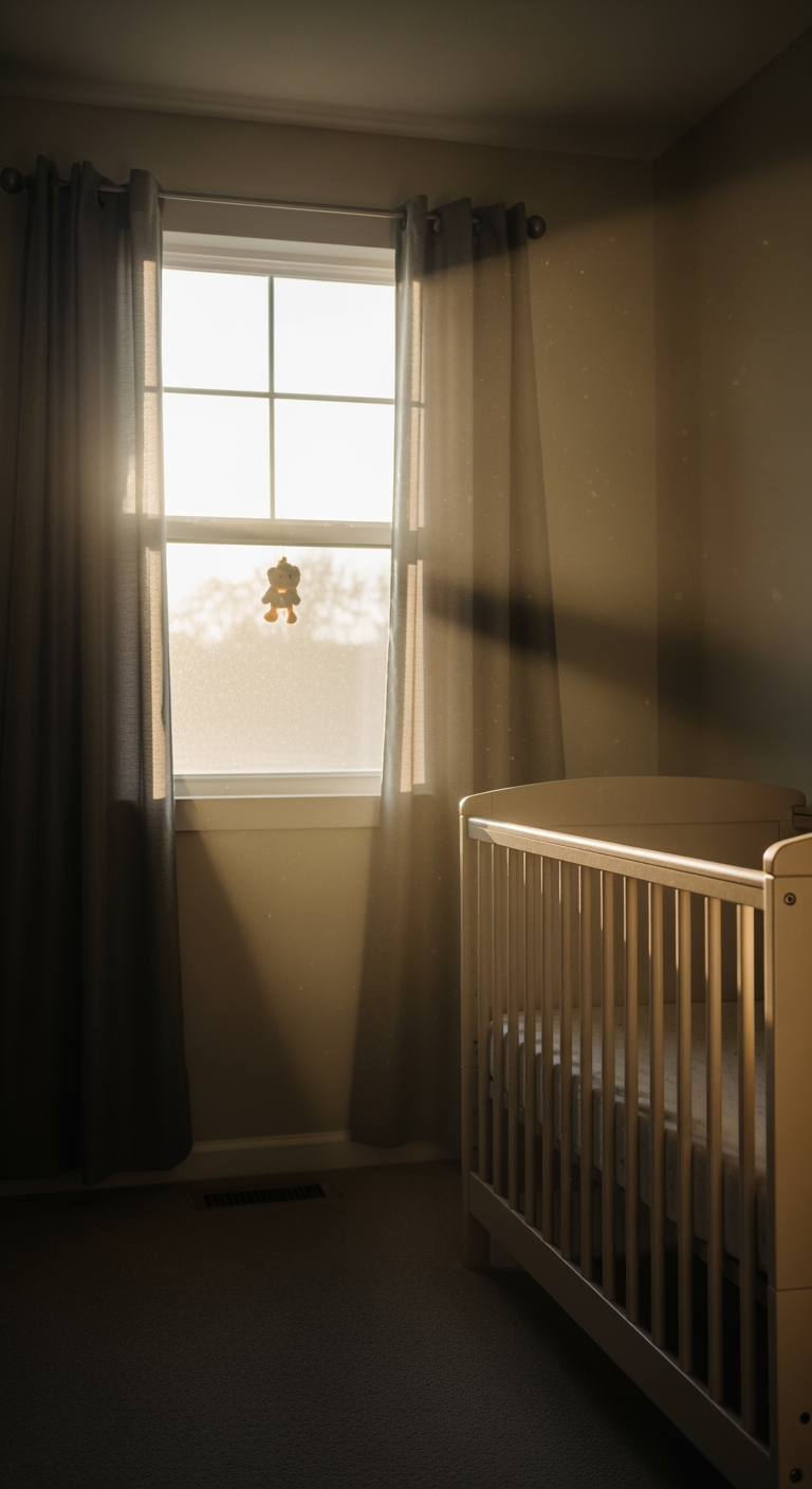 Bright morning sunlight streams into a peaceful nursery, illuminating the air and signifying the positive outcome of a restful night.