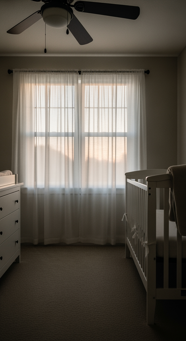 Gentle morning light streams through the sheer curtains of a quiet nursery window at dawn.