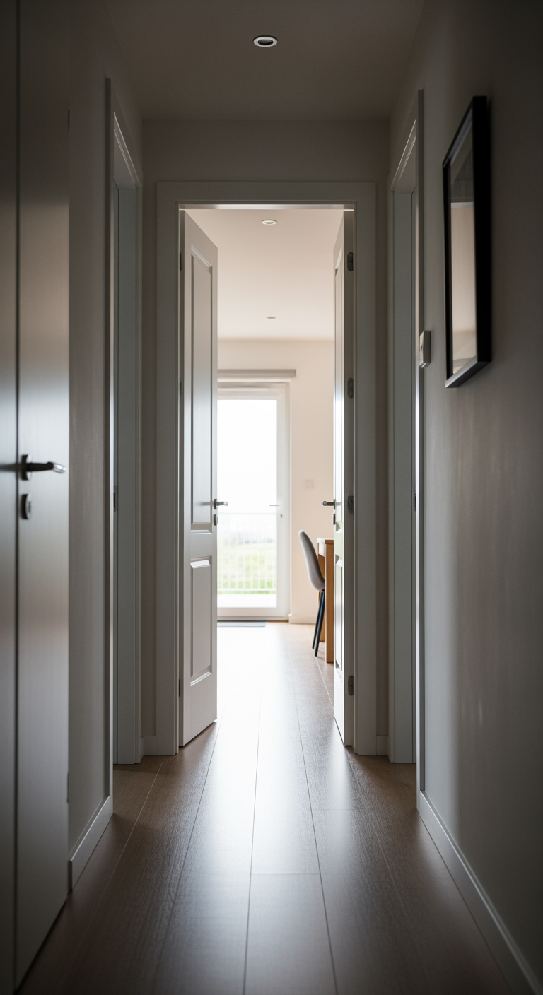 Looking down a clean, minimalist hallway towards a brightly lit open door, representing a clear path forward and a decision made.