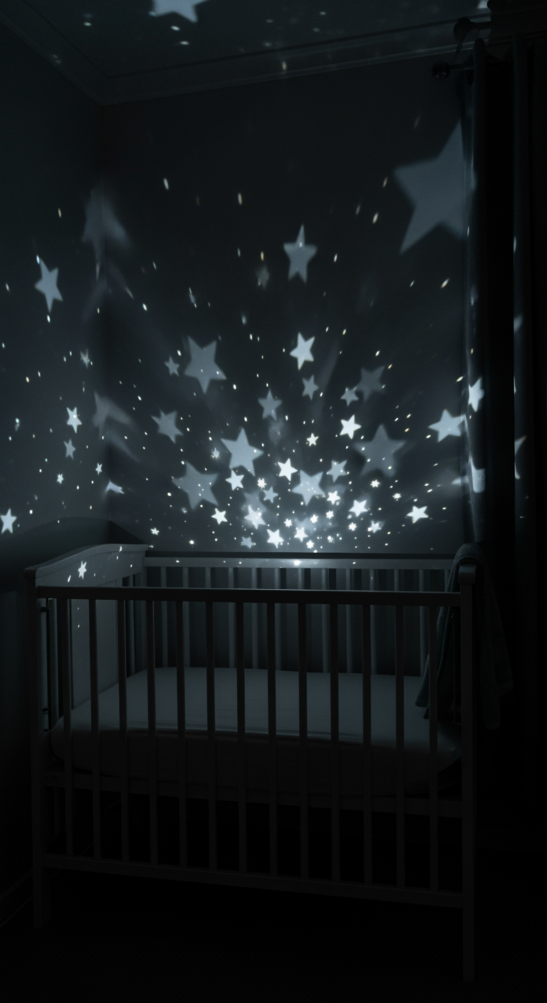 Soft, blurry, projected stars move gently across a dark nursery wall, showing a calm, alternative soothing technique.