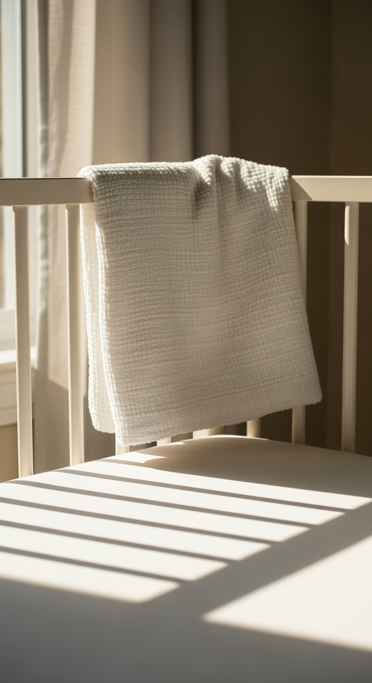 The corner of an empty crib with a neatly tucked blanket, bathed in bright morning sunlight, signifying a peaceful outcome.