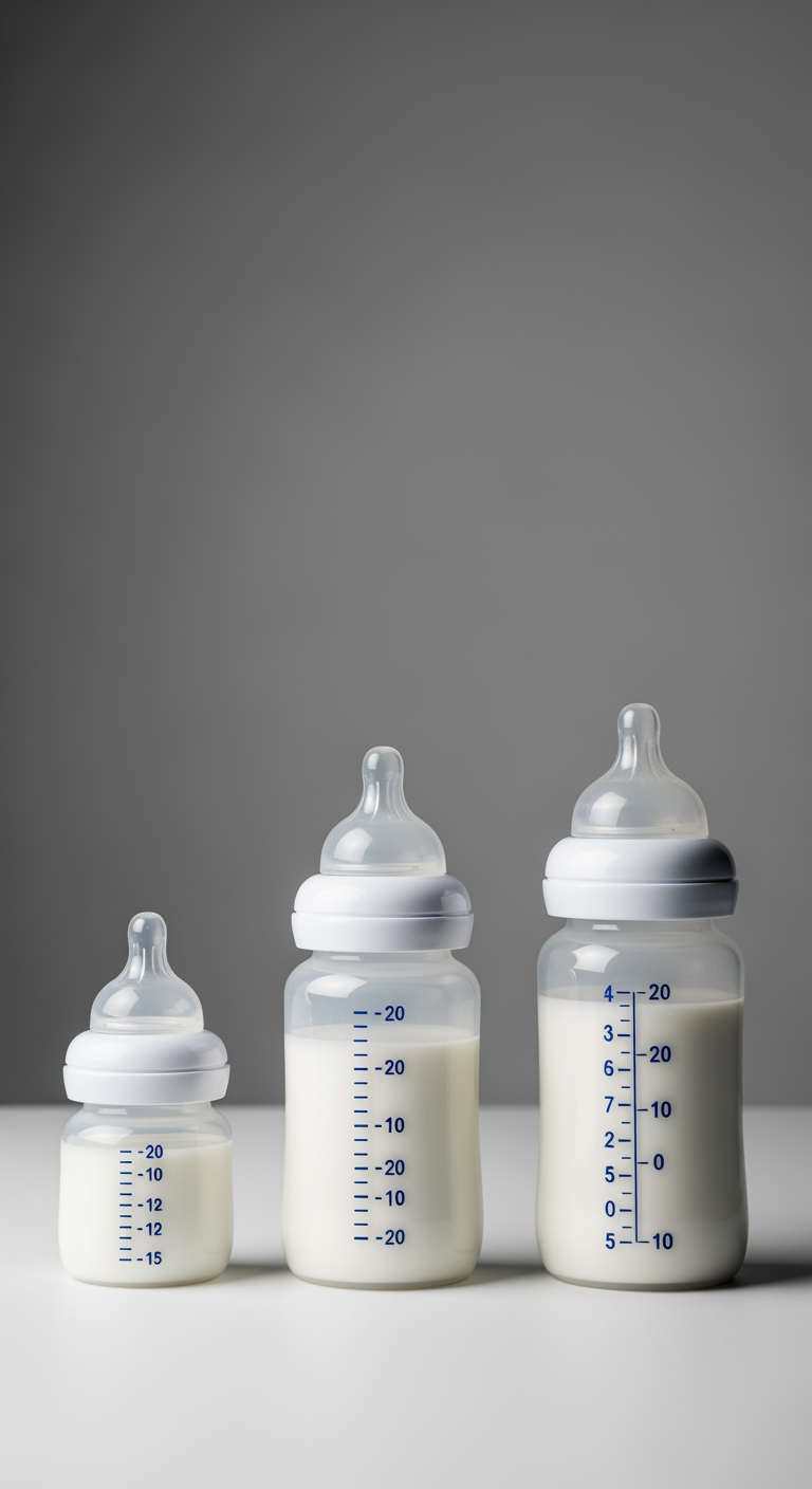 Three baby bottles in a row, each with a slightly smaller amount of milk, showing a gradual reduction.