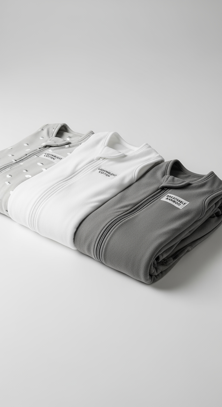 Three different baby sleep sacks made of various materials are laid out, representing the choice of finding the right fit for a baby.