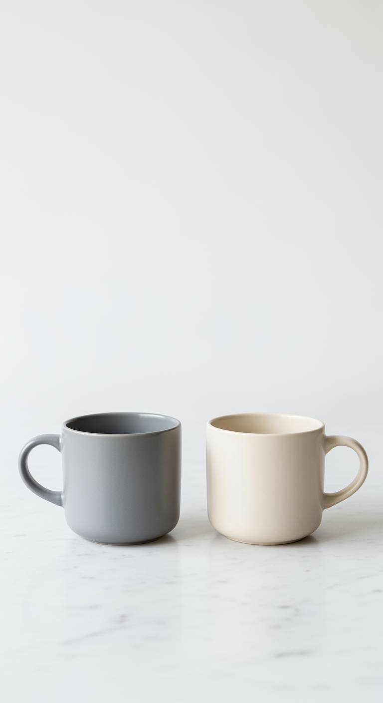 Two complementary ceramic mugs, one gray and one cream, sit together on a white marble surface, symbolizing partnership.