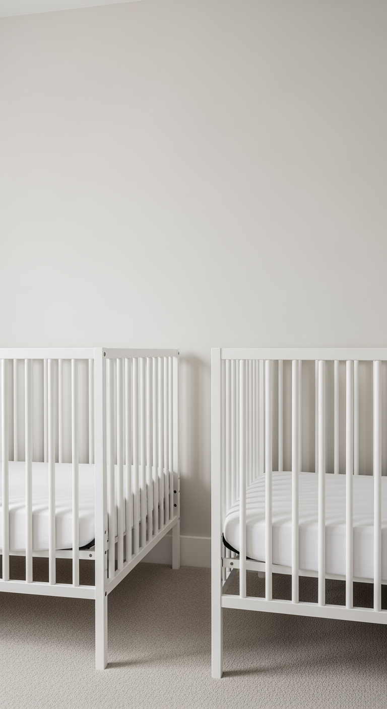 Two empty baby cribs with fitted sheets, positioned a safe distance apart in a professionally lit nursery, illustrating safe sleep for twins.
