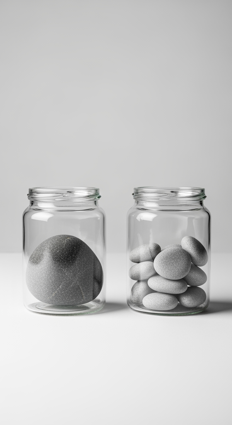 Two glass jars, one with a single large stone and one with many small pebbles, illustrating the cost difference between a one-time fee and recurring payments.