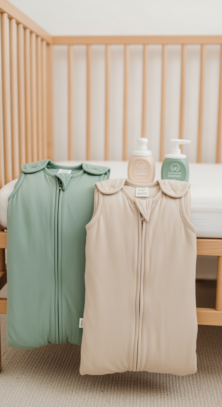 Two neatly folded toddler sleep sacks, one sage green and one oatmeal, resting at the foot of a crib, symbolizing adapting sleep routines for growing twins.