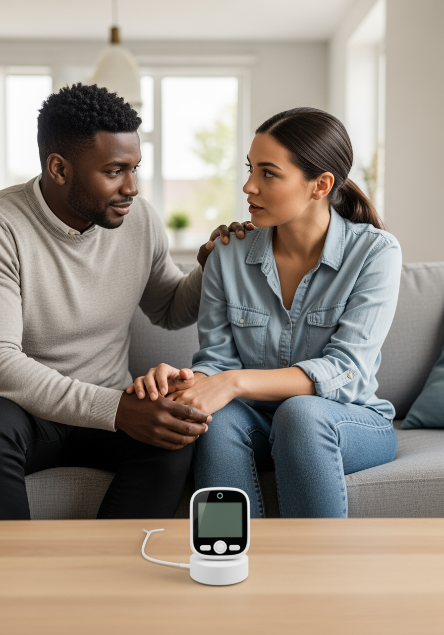 Two parents sit on a sofa, talking supportively with each other, representing partnership in parenting decisions.