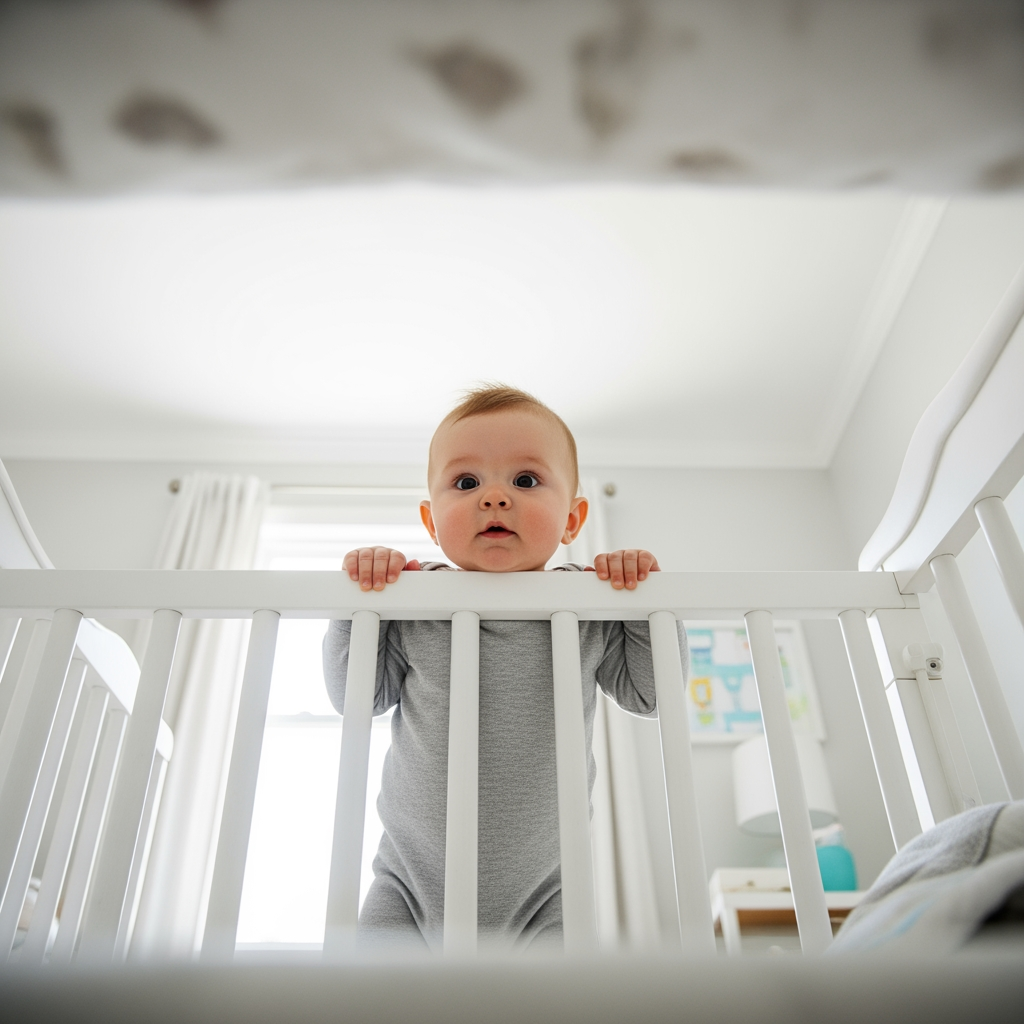 A baby proudly stands up in their crib, viewed from a low angle, showcasing a developmental milestone.