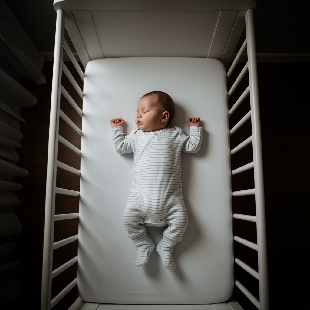 A baby sleeps peacefully in their crib in a dark room, viewed from directly above.