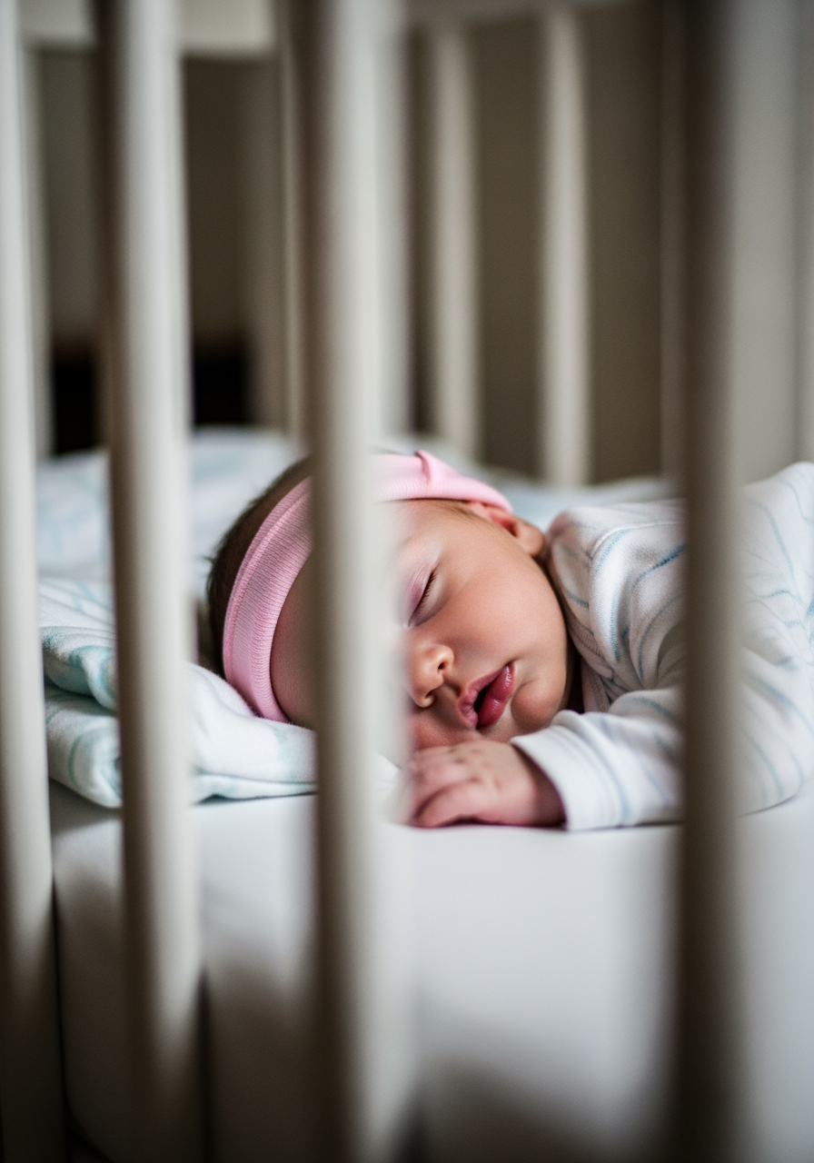 A baby sleeps peacefully in their crib, viewed through the soft-focus bars of the crib, signifying a safe and successful rest.