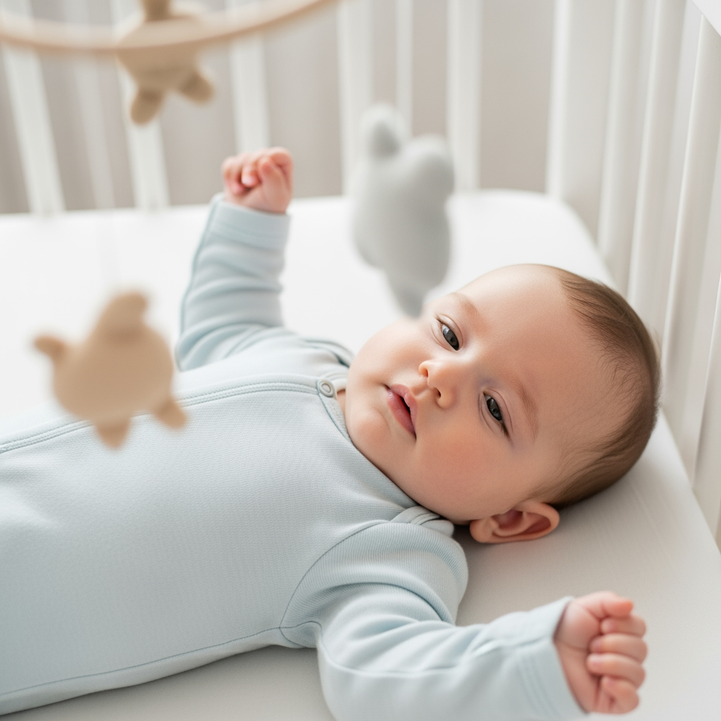 A calm and content baby lies awake in their crib, looking peaceful, representing a positive outcome of matching a sleep method to a baby's temperament.