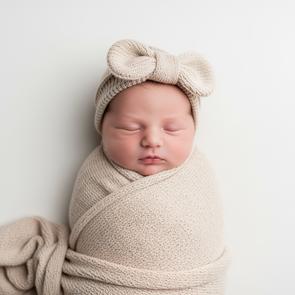 A calm baby is snugly wrapped in a soft swaddle blanket, looking secure and content.
