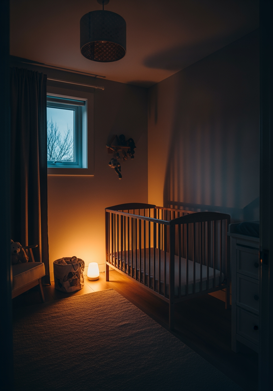 A calm, dimly lit nursery with a crib, creating a peaceful environment prepared for a baby's sleep.