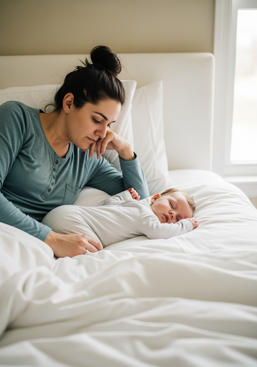 A candid, eye-level photo of a parent looking lovingly at their baby, who is sleeping and has rolled into the middle of the large bed.