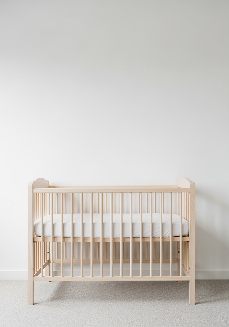A clean, empty crib in a minimalist nursery, set up according to safe sleep guidelines with no blankets or toys.