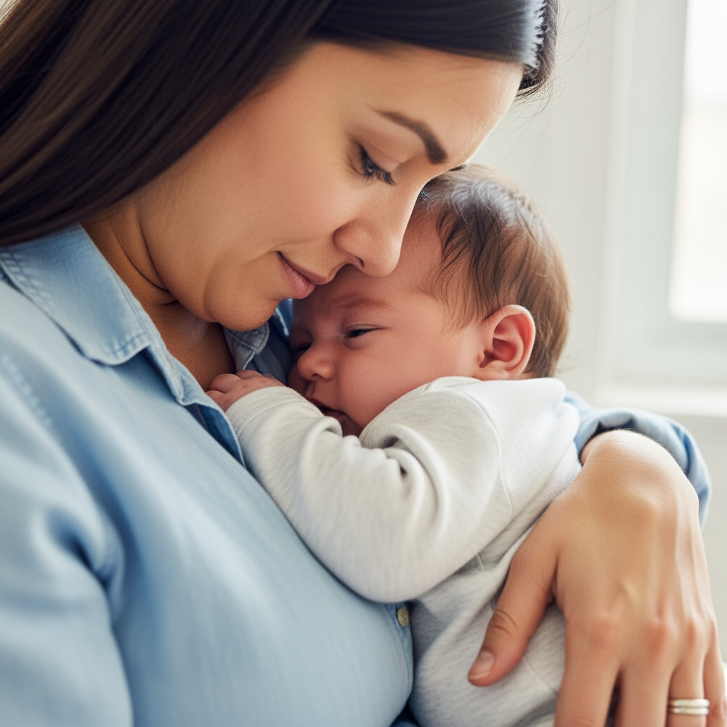 A close-up, eye-level view of a parent gently comforting a fussy baby in their arms.