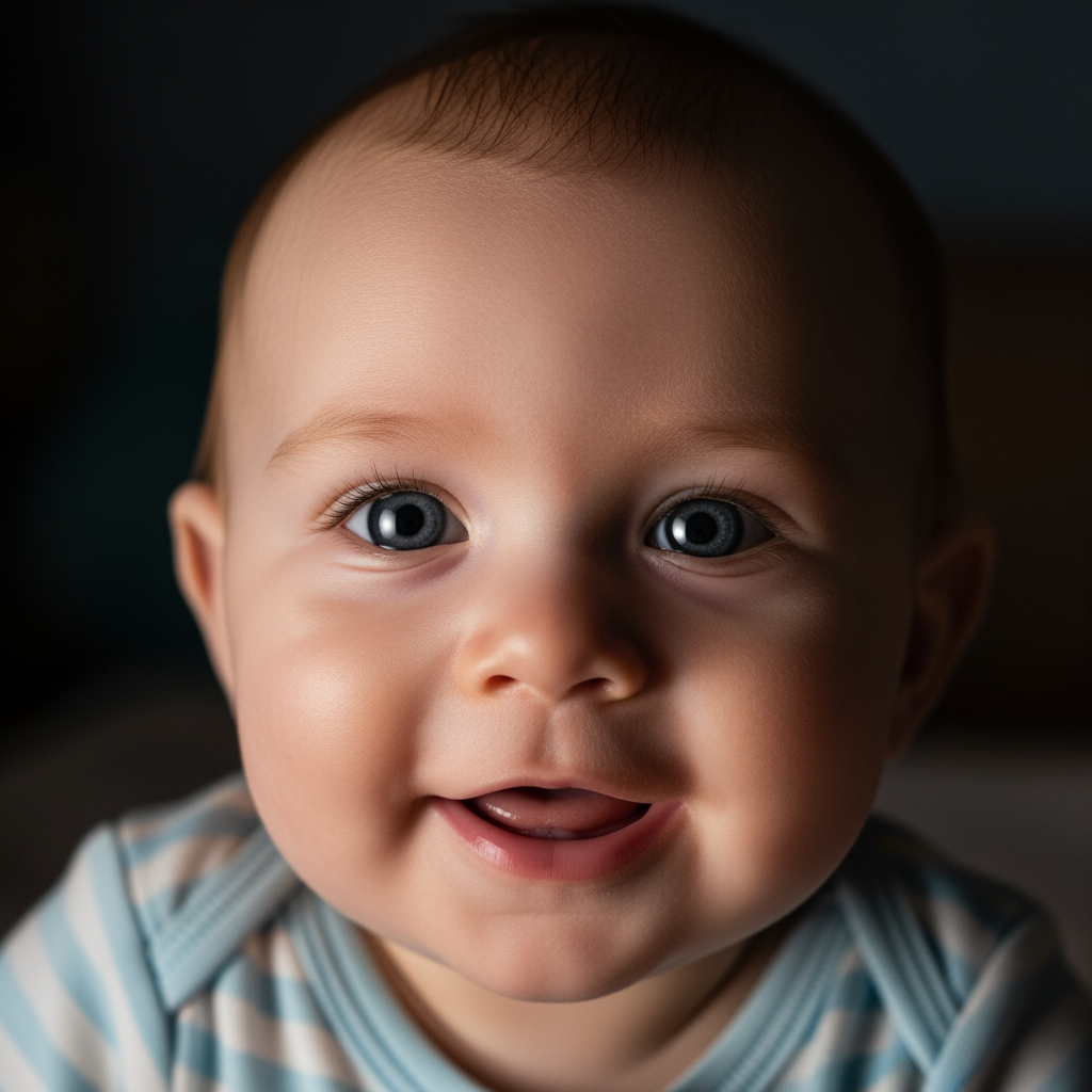 A close-up of a baby's face, looking happy and wide awake at night.