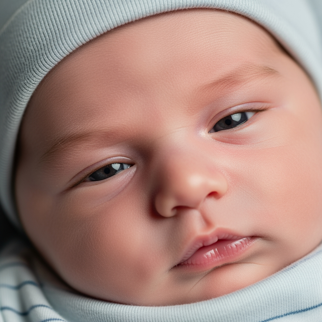 A close-up of a baby's face with a distant, unfocused gaze, showing an early sign of sleepiness.